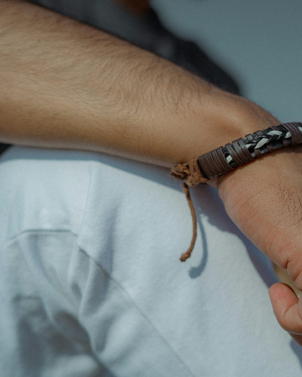 The bracelet on the wrist, seen close